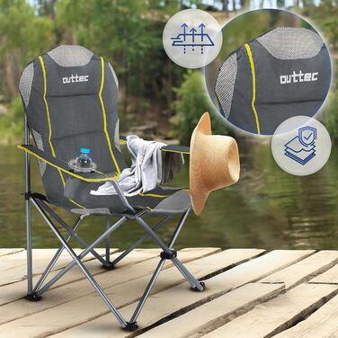 Зручний складаний стул для кемпінгу Outtec: 130 кг, висока спинка, підсклянник, сумка, зелений (сірий)