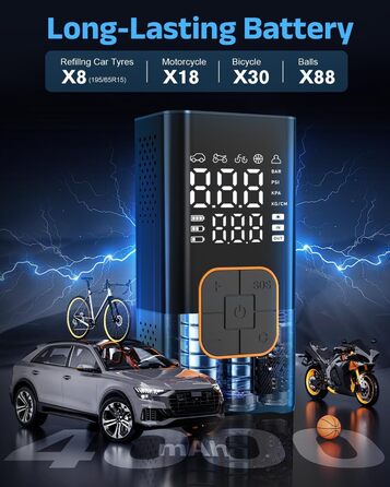 Електрична повітряна помпа, бездротова помпа для шин велосипеда з цифровим манометром (150 PSI), LED-ліхтар, для авто/велосипеда/мотоцикла/м'яча