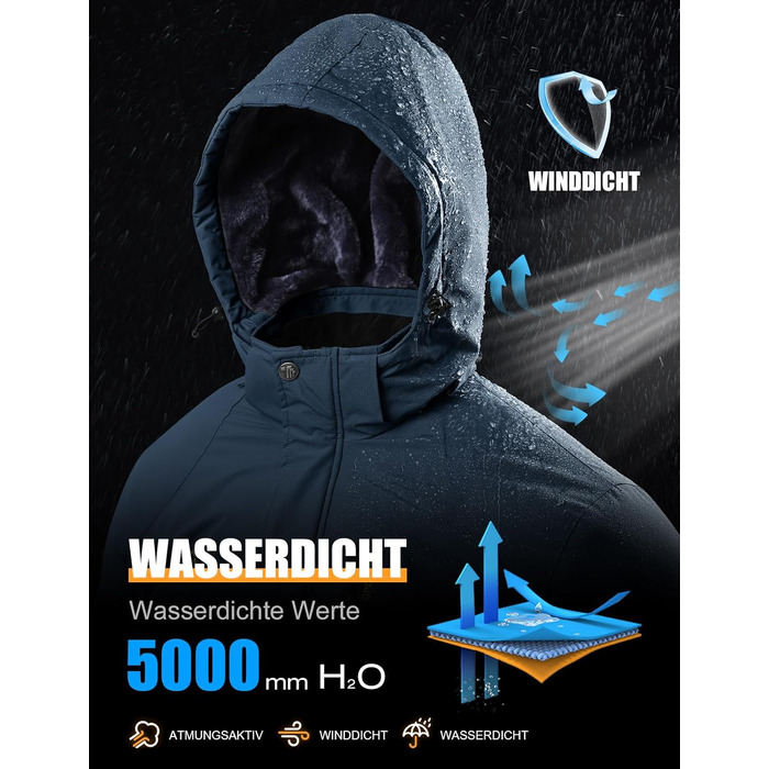 Чоловіча зимова куртка YSENTO: водонепроникна, тепла, з флісовою підкладкою, софтшелл, дихаюча, для катання на лижах та сноуборді з капюшоном (L, Джинсовий синій)