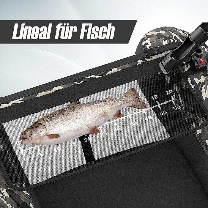 Надувне рибальське човен GYMAX: компактне belly boat з насосом, веслами та регульованими ременями. Міцне, до 150 кг, з лінійкою для риби, камуфляж.