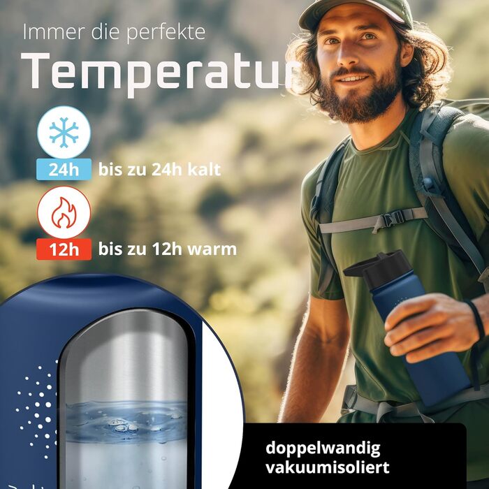 Фляга ACTIVE FLASK з нержавіючої сталі з трубочкою (3 кришки), BPA-free, не протікає, підходить для газованої води - спортивна фляга, термофляга, ізотермічна фляга для дітей, 530 мл, Navy Blue