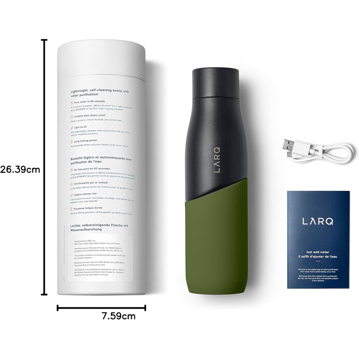 Пляшка LARQ Bottle Movement PureVis 710 мл – легка багаторазова нержавіюча пляшка для води з UV-очищенням, самостійним очищенням, для подорожей, чорна/зелена, гарантія 2 роки