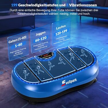 Вібраційна платформа для дому: 6+1 режимів тренувань, 199 швидкостей, 200W двигун, LED-підсвітка (темно-синій)