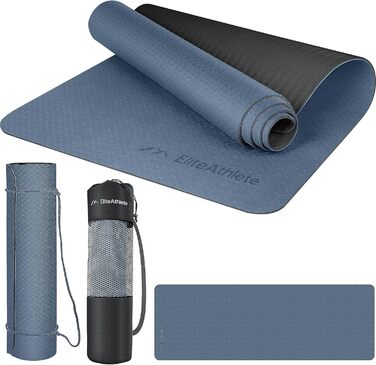 Килимок для йоги EliteAthlete 183x61x0,6 см, не ковзає, з ременем і чохлом, для фітнесу, пілатесу, спортзалу, чорний-синьо-синій
