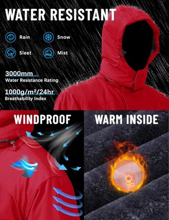 TACVASEN Зимова куртка для чоловіків, водонепроникна, тепла, флісова підкладка, софтшелл, дихаюча, функціональна куртка з капюшоном (M, Червоний)