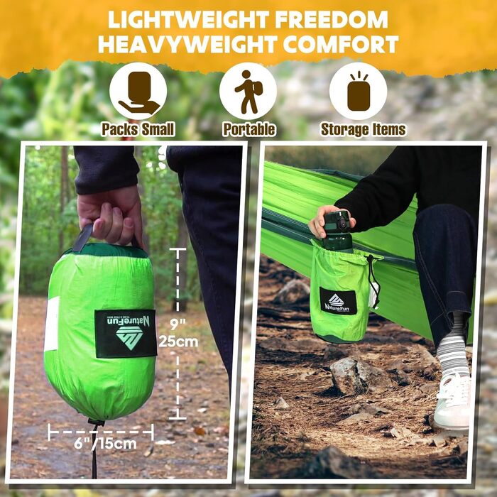 Намет-гамак NATUREFUN для кемпінгу та подорожей | 300 кг, 300x200 см | Атмосвітка, швидковисихаючий нейлон, 2 карабіни, 2 шнури | Зелений, темно-зелений