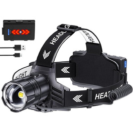 LED налобний ліхтар перезарядна, 100 000 люкс, 12 режимів, червоне світло, IPX7, для кемпінгу, риболовлі, активного відпочинку