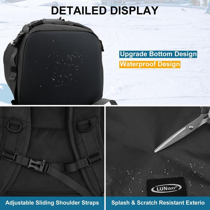 Чохол для лижних черевиків з відділенням для шолома, 65L туристичний рюкзак для лиж, водонепроникний мішок для лиж, сноуборду, лижного спорядження (чорний)