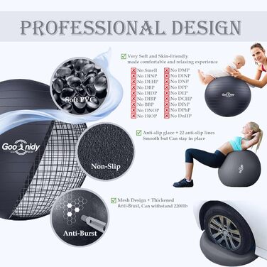 Фітбол великий для фітнесу та йоги, 58-65 см, чорний. Підтримка 2200lbs, з насосом. Ергономний м'яч для офісу, вагітності, фітнесу, пілатесу та балансу.