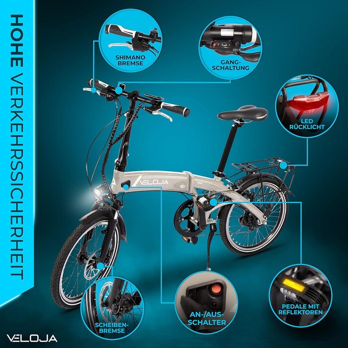Електровелосипед VELOJA 20 дюймів складаний, 250Вт, 100 км, 9 передач, алюмінієвий, 5 режимів підтримки, європейська збірка