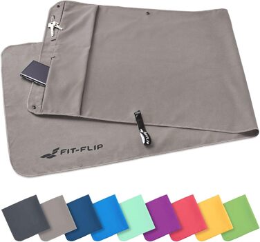 Рушник для фітнесу Fit-Flip з мікрофібри з магнітом та кишенькою на блискавці - спортивний рушник для залу та фітнесу - компактний, нековзний та швидковисихаючий - сірий