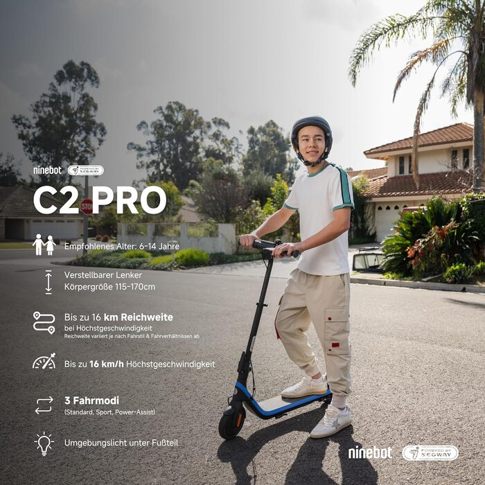 Електросамокат Segway-Ninebot C2 Pro E для дітей і підлітків, 3 режими, швидкість до 16 км/год, запас ходу 17 км