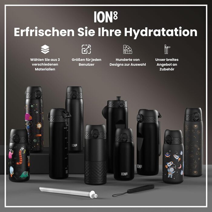 Сталева пляшка для води ION8 Evo Steel, 600 мл, герметична, з одним натисканням та замком, чорна