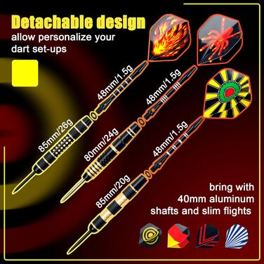 Дарти Alyoen 12 шт. металеві, 20/24/26 г, професійні, комплект з алюмінієвими стержнями, пір'ями, точилом, захистом та гумовими кільцями