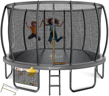 Трамплін KESSER® Outdoor Ø 244/305/366/427 см з сертифікатом GS, для дітей та дорослих (до 150 кг) з сіткою безпеки, сумкою, сходами, захисним бордюром та м'якими стійками сітки (Антрацит, Ø 427 см)