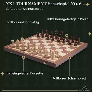 Набір для шахів Tournament Schach Spiel Set NO. 6 | Master Of Chess | Шаховий набір з дерев'яною шахівницею 54x54 см | З шаховими фігурами Staunton з горіха та ясену | Преміум якість
