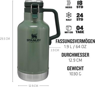 Термос-гроулер Stanley Classic Easy-Pour 1.9 л, нержавіюча сталь, для пива, зручний налив, зберігає холод до 24 годин, герметичний, підходить для миття в посудомийці, зелений Hammertone