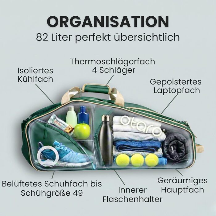 Сумка для тенісу Otaro Tennistasche 82L: Термосумка для 4 ракеток, відділення для взуття та охолодження, відділення для ноутбука, водостійка, зелена