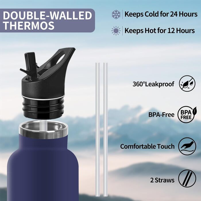 Термос-пляшка 1000 мл, не містить BPA, з нержавіючої сталі, з подвійними стінками, ізольована, для води, з трубочкою, для газованих напоїв, темно-синій