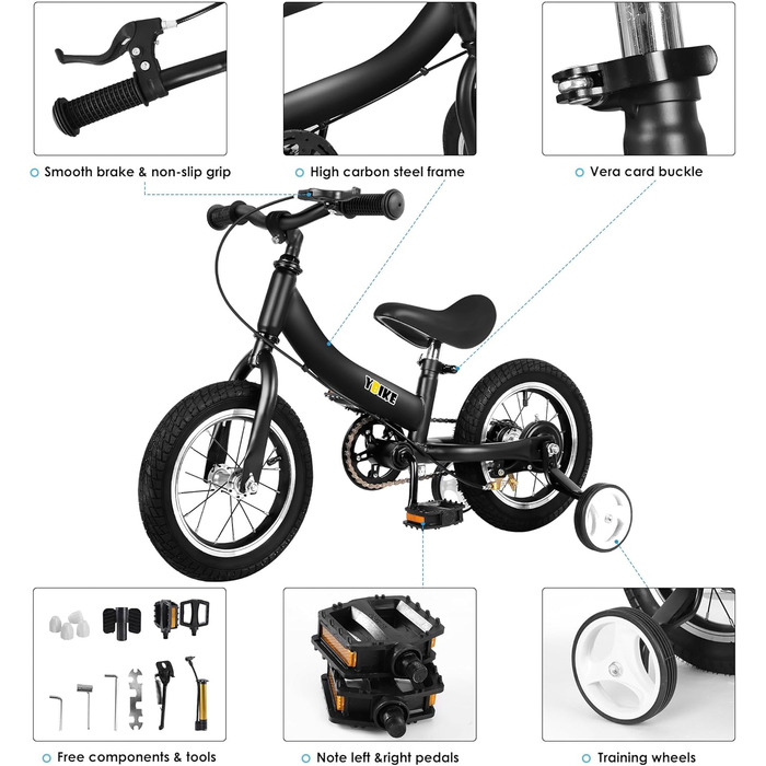 YBIKE 2-в-1: Біговел та дитяче велосипед, 12/14/16 дюймів, з гальмом та педалями, для дітей 1-7 років (Чорний, 16 дюймів)