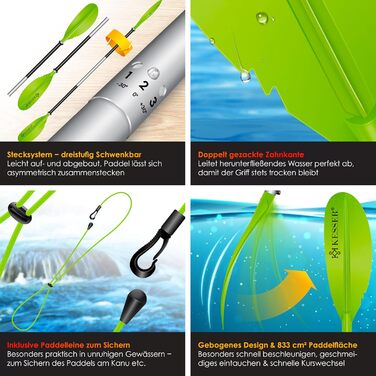Веслування KESSER® Paddle Doppelpaddel - 4-частини для каяка, SUP, станд-ап паділбордингу, 228 см, алюміній. Ідеально для човна, веслування стоячи. В комплекті: страховочна мотузка, чохол для телефону, дошка для серфінгу. (Зелений)