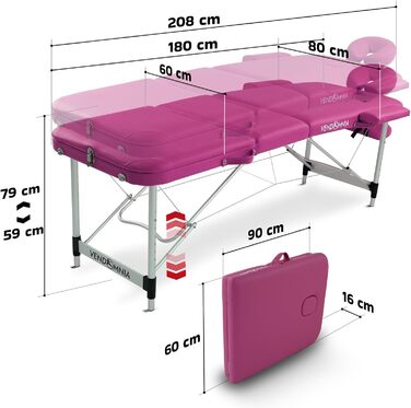 Мобільна массажна ліжка Vendomnia з алюмінієвого сплаву з 3 зонами, регулюванням висоти, включаючи якісну підголівник, сумку, підлокітники. Кольори в наявності. Складана, для масажу та процедур. Рожевий колір.