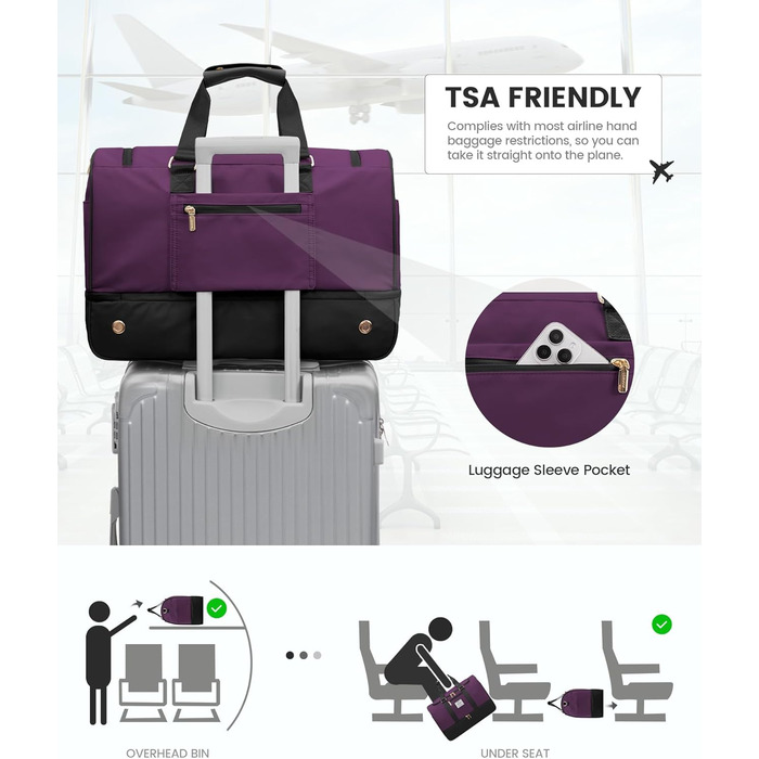 Спортивна сумка LOVEVOOK для подорожей: 37L, з культ. сумкою, відділенням для взуття та мокрих речей. Ідеальна для спортзалу, йоги, подорожей та авіаперельотів. Чорно-фіолетовий колір.