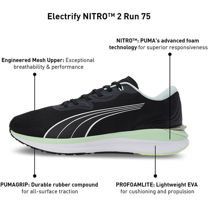 Кросівки Puma Electrify Nitro 2 Run 75 для бігу по місту, 45 EU, Puma Black Light Mint Puma Gold