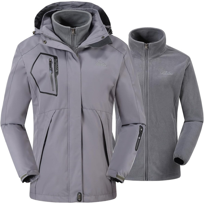 Жіноча куртка 3-в-1: вітро- та водовідштовхуюча, з флісовою підкладкою, тепла зимова куртка з капюшоном (сіра, XXL)