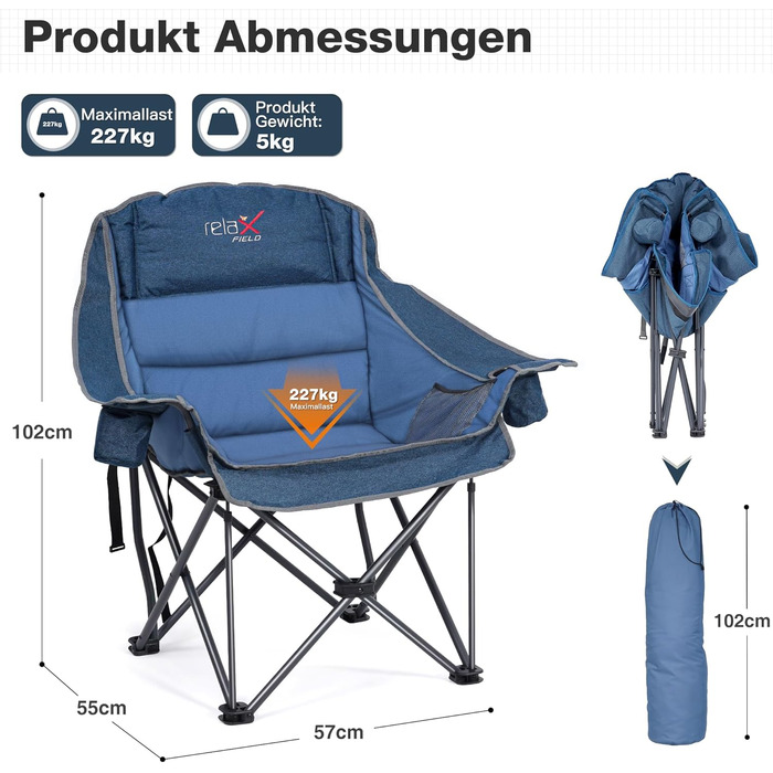 Великий складаний стілець для кемпінгу RELAX FIELD, 227 кг, Navyblue