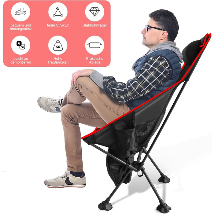 Складний туристичний стул Bindokun 120кг, ультралегкий, компактний, з кишенями та підголівником, для риболовлі та піших прогулянок (червоний)