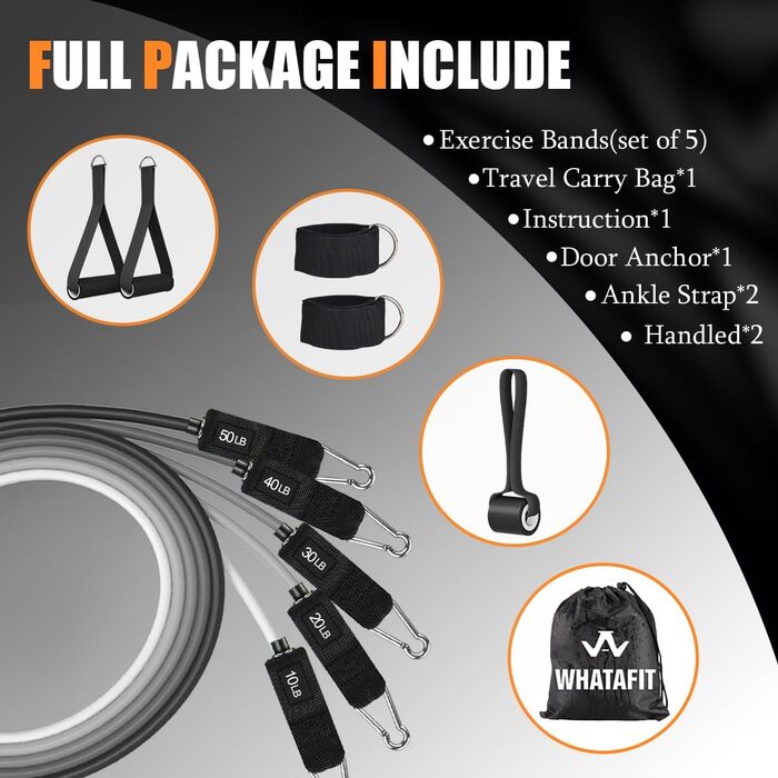 Набір еластичних стрічок WHATAFIT для фітнесу та реабілітації, з дверним анкером та аксесуарами