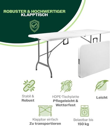 Складаний туристичний стіл Blumixx 180x74x74 - Легкий, стійкий, для кемпінгу, саду, балкону, фестивалів та відпочинку на природі.