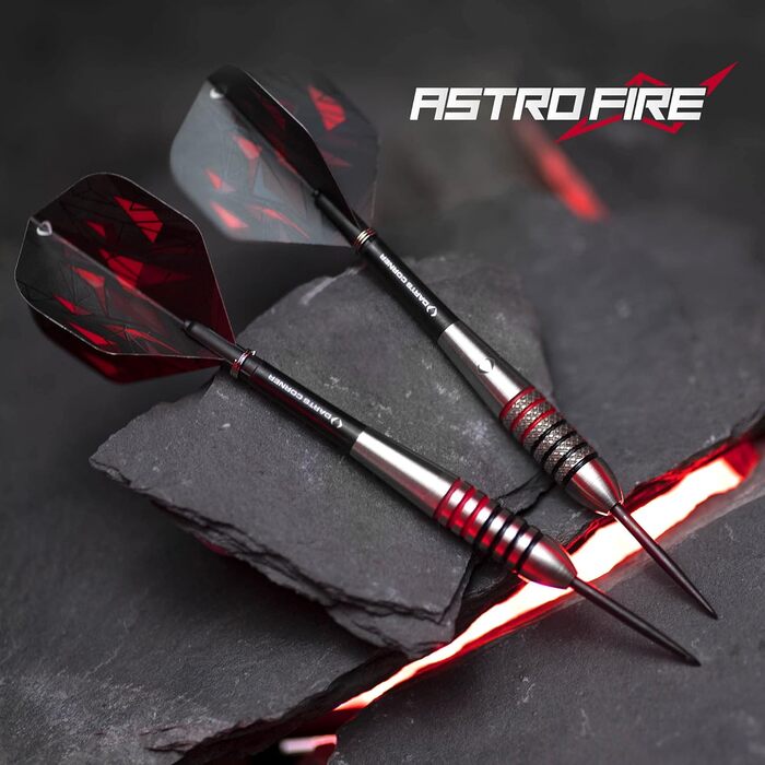 Набір дартсів Darts Corner Astrofire 21 г — 90% вольфрам, сталеві наконечники, 6 флайтів, 6 шафтів, кейс, картка, кільця