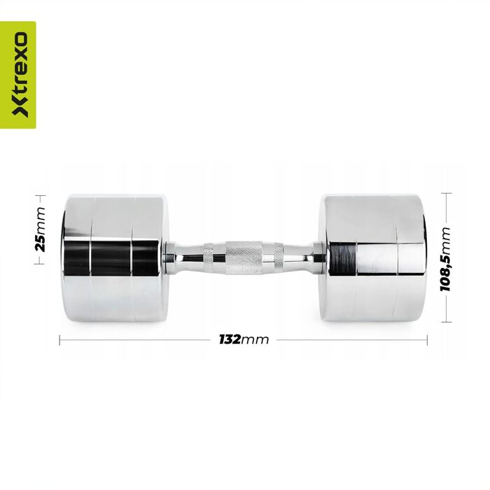 Набір гантелей XTREXO Verte Kurz – 2 шт. (2.5–12 кг) – сталеві гантелі з неслизьким грифом, міцна поверхня, довговічні – ідеальні для силових тренувань вдома та в спортзалі (хром, 2 x 12 кг)