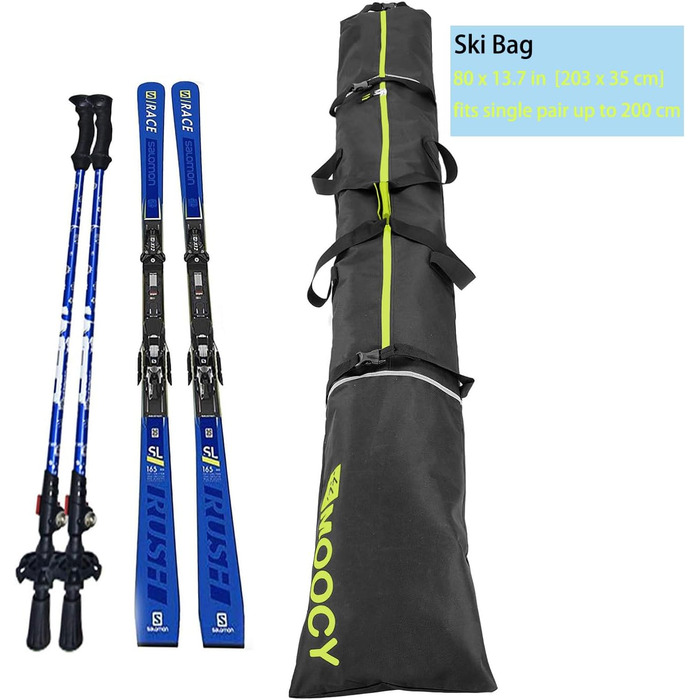 Сумка для лиж MOPHOEXII MOOCY: для перевезення ліж в авіаперельотах, підходить для лиж до 200 см, чорна з зеленим кантом