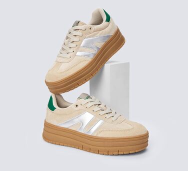 Кросівки LUCKY STEP Plateau Sneaker для жінок - платформа, канвас, ретро стиль, низький профіль, комфортні для повсякденного носіння, 42 EU, бежево-зелені