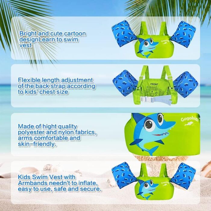 Надувні рукавики для плавання Gogokids Green Shark для дітей 2-6 років (15-30 кг)