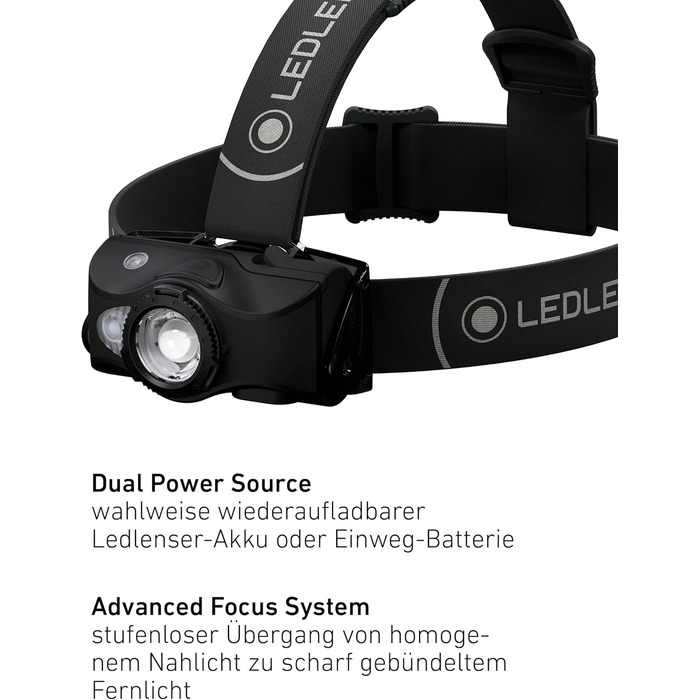 Ліхтар налобний Ledlenser MH8 Outdoor, чорний, акумуляторний, 600 люмен, регульований, до 40 годин роботи, червоне/зелене/синє світло, живлення від 2xAA, блокування транспортування, для полювання та риболовлі