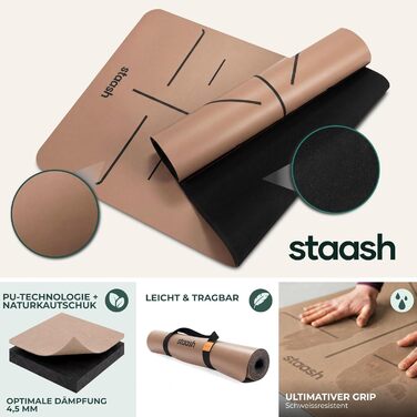 Преміум набір для йоги STAASH: антиковзкий килимок з PU та натурального каучуку (4,5 мм), рушник, ремінь та наколінник, Мока-бежевий