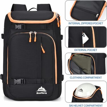 Чохол для лиж чорного кольору, терморюкзак, 50 л, водонепроникний. Підходить для сноуборду, лижного спорядження, шолому, маски, рукавичок, аксесуарів. Для підлітків та чоловіків. Оранжево-чорний колір.