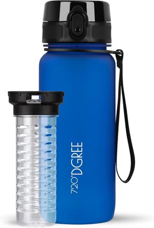 Бутилка для води 720°DGREE uberBottle 650 мл SoftTouch з фруктовим контейнером, тритановий, BPA-free, для дітей, школи, спорту, фітнесу, синя, ударостійка, не протікає