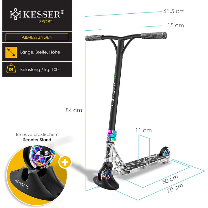 Трюковий самокат KESSER GT-Limit 360°, з підніжкою, підшипниками ABEC 9, 110 мм PU колесами, для дітей та дорослих