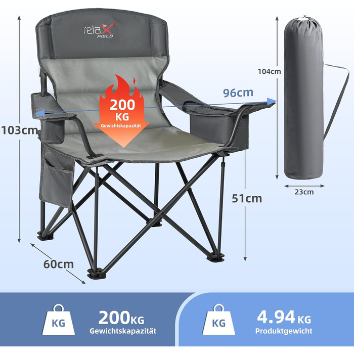 Крісло для кемпінгу складне RELAX FIELD 200 кг з підстаканником та сумкою-холодильником, для риболовлі та відпочинку на природі (Сірий, 2 шт.)
