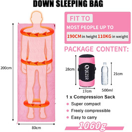 Пуховий спальний мішок Ultraleicht, компактний, для кемпінгу та трекінгу, 3-4 сезони, Outdoor/Indoor (Рожевий)