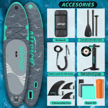 Надувний SUP-борд ALLPICK Premium Set: Комплект для станд-ап паділінгу з аксесуарами, кріпленням для камери та регульованим веслом (200 кг, Сіво-бірюзовий)