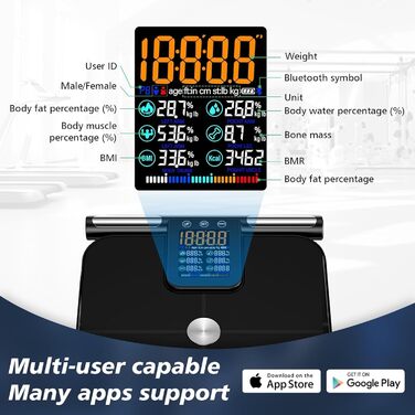 Вага для вимірювання жиру в тілі з датчиками, аналізатор складу тіла з великою ручкою-дисплеєм, вага з 8 високоточними сенсорами та APP, персональна вага з аналізом жиру для 32 показників (Чорний)