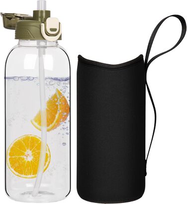 DEARRAY Скляна пляшка для води 1.5 л з трубочкою, захисним чохлом, без BPA, герметична, для спорту, смузі, фруктів, газованої води, зелена кришка