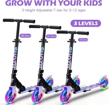 Самокат дитячий SUOTU з колесами 145 мм, до 100 кг, світлодіоди, складаний, регульована висота, алюмінієвий (Чорно-фіолетовий) для хлопчиків та дівчаток 3-12 років