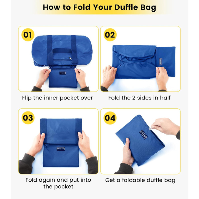 Спортивна сумка Vorspack для чоловіків та жінок, складна дорожня сумка для подорожей та спортзалу, водонепроникна сумка-вікенд з внутрішньою кишенєю, синя, 61 см (24 дюйми)